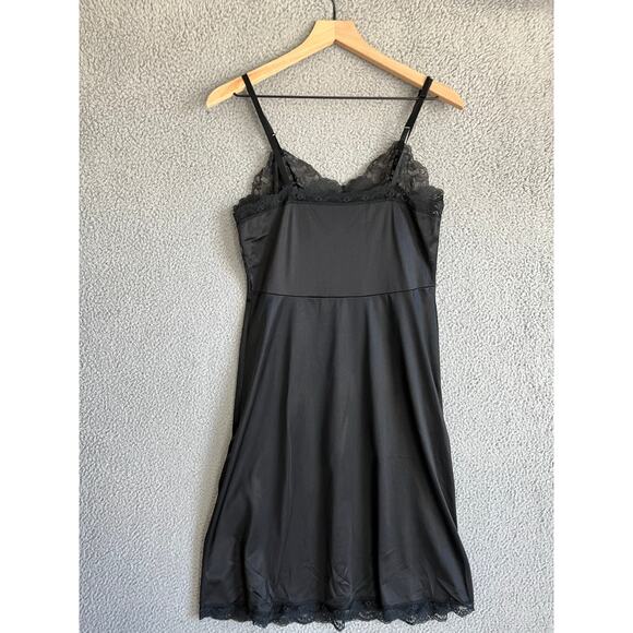 Vintage Satin Full Slip Knee Dress Small 36 Sheer Lace Black Lingerie Goth Sexy - Picture 5 of 16